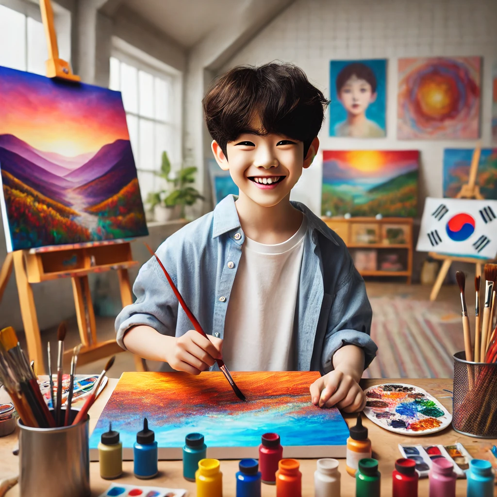 미술 스튜디오에서 캔버스에 그림을 그리며 즐거운 표정을 짓는 어린 소년