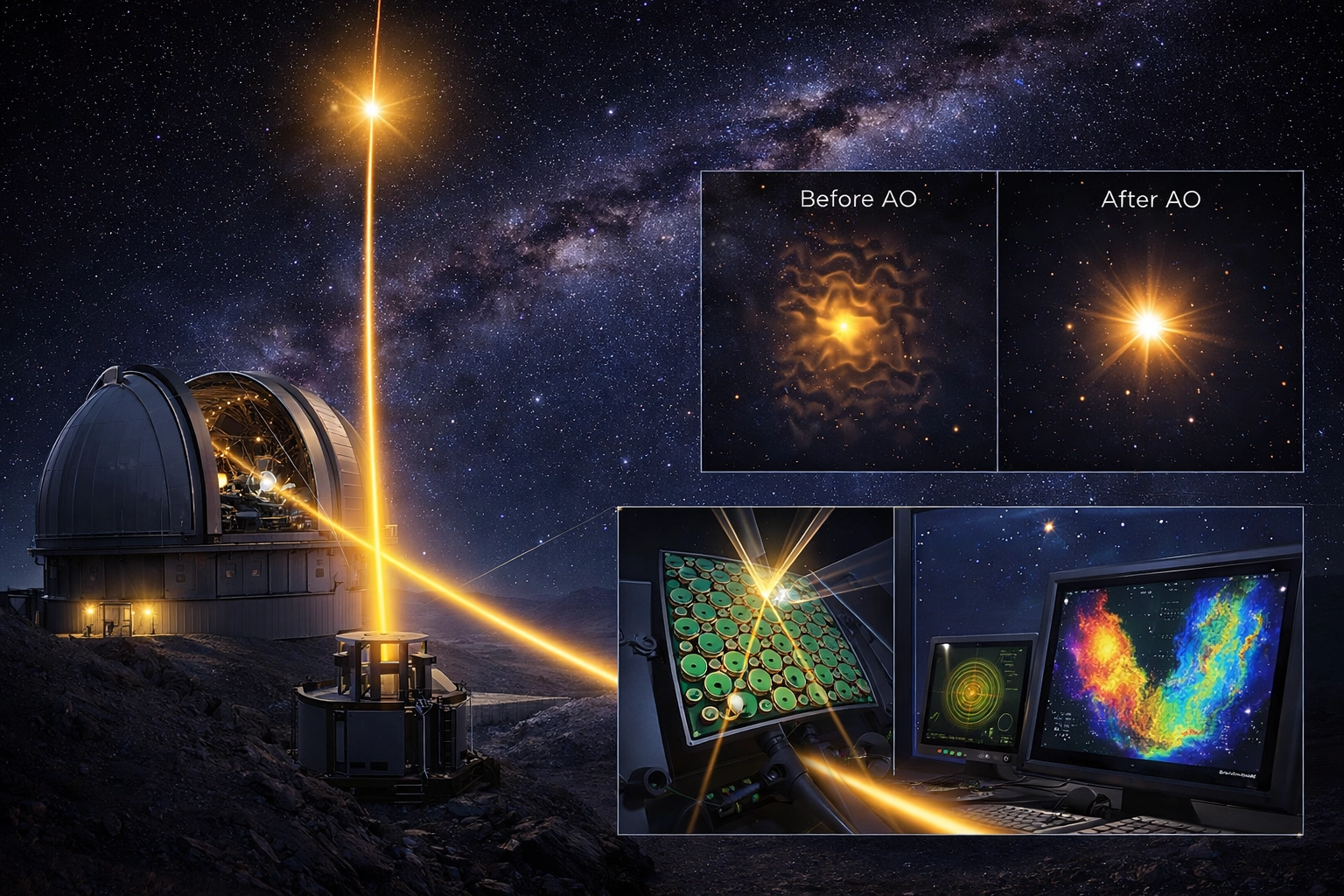 [AI 생성] 적응광학 시스템이 대기 흔들림을 보정하는 과정을 표현한 이미지
