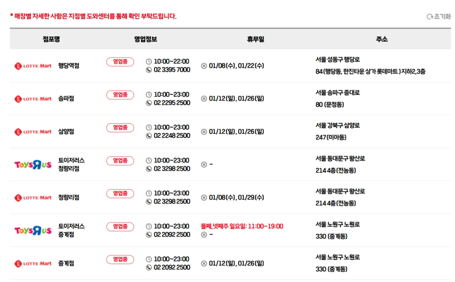 롯데마트 점포명 영업정보 위치 안내