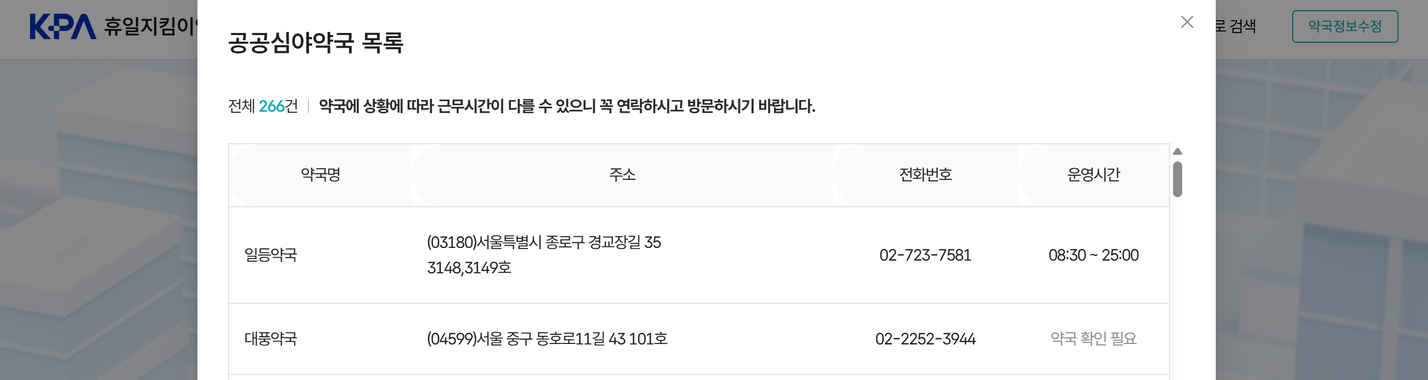 휴일지킴이약국 홈페이지의 공공심야약국 목록