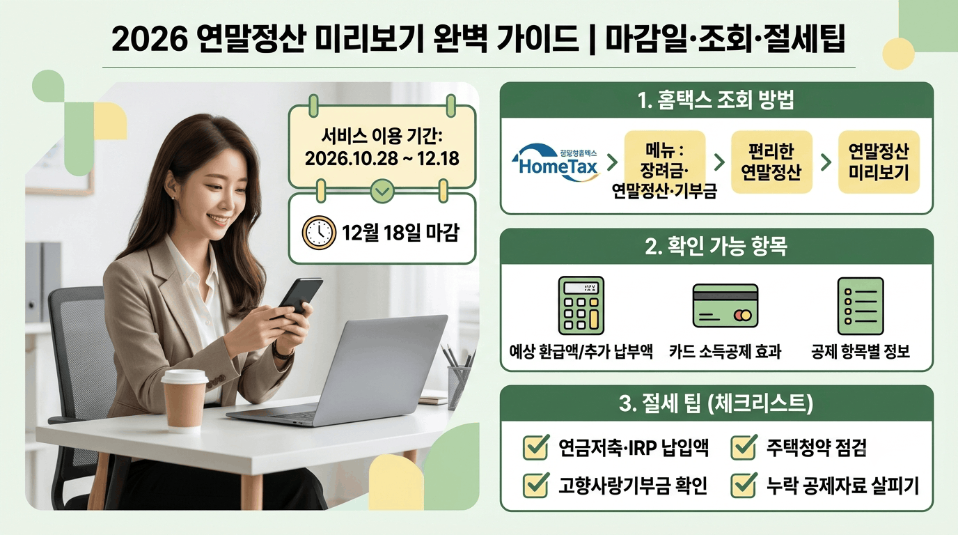 2026 연말정산 미리보기 기간, 홈택스 조회 방법 및 주요 절세 체크리스트 안내 인포그래픽