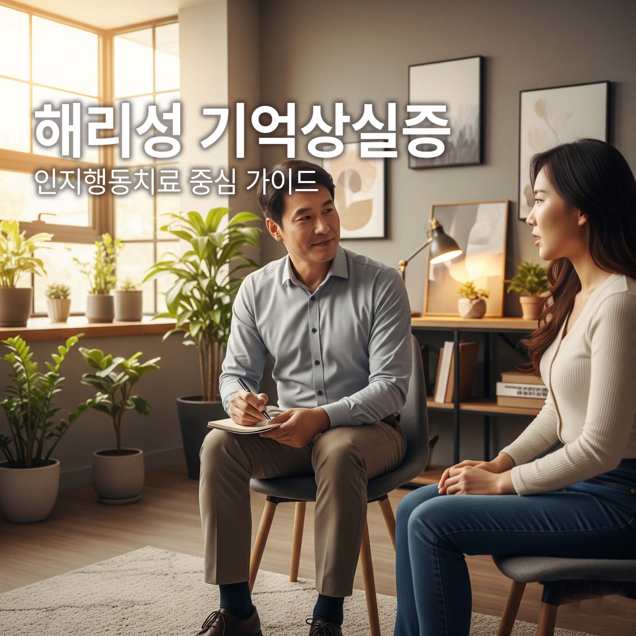 해리성 기억상실증을 가진 내담자와 상담자가 인지행동치료중 안전한 기억노출훈련을 하고 있다