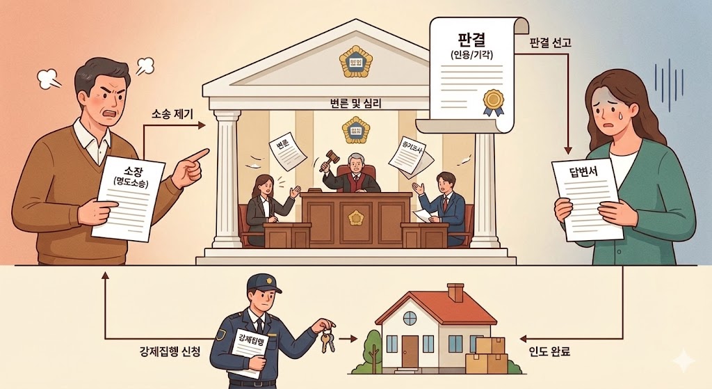 퇴거에 응하지 않는 세입자 때문에 명도소송이 진행되는 상황을 묘사한 일러스트, 법원 서류와 집행관 등장