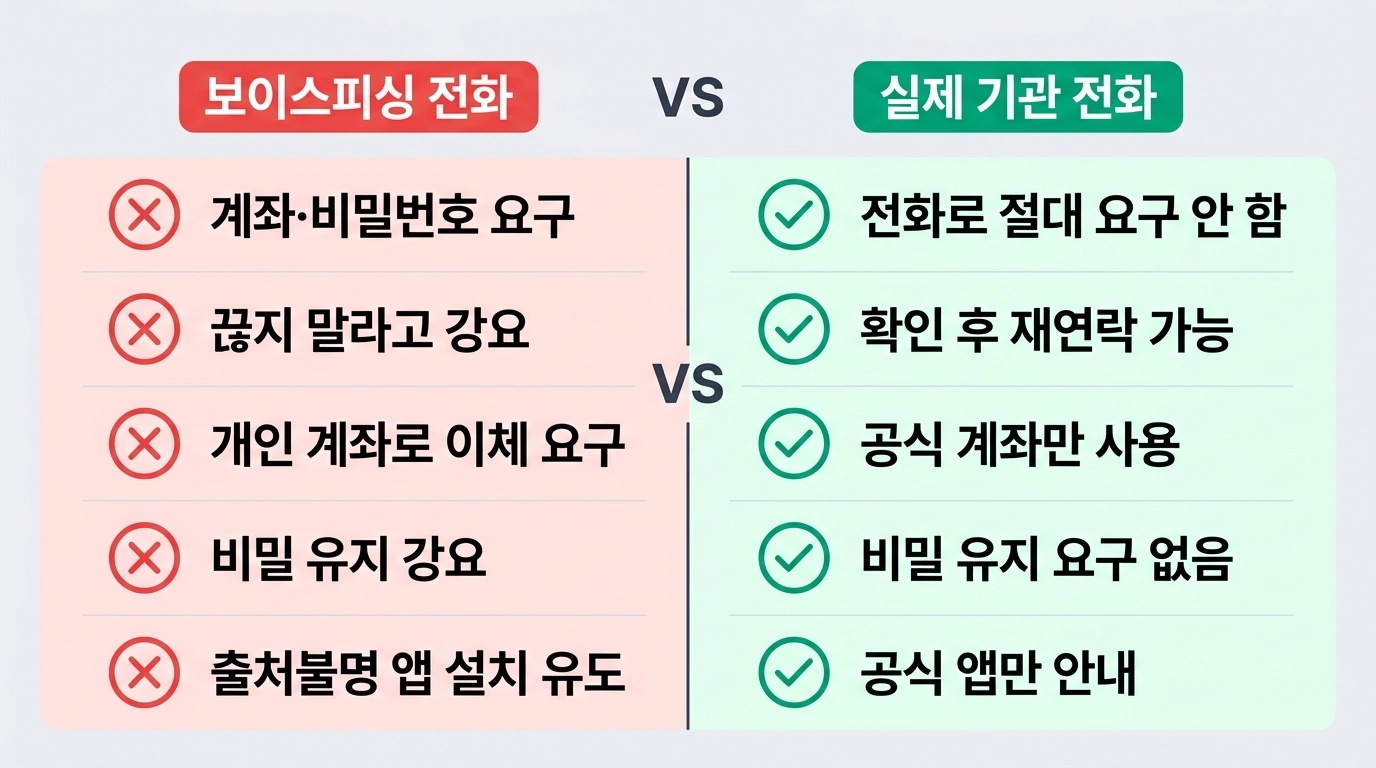 보이스피싱 전화 vs 실제 기관 전화 5가지 핵심 구별법 비교 인포그래픽