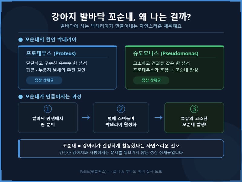 강아지 발바닥 꼬순내 원인. 프로테우스&middot;슈도모나스 박테리아가 발바닥 땀과 반응해 꼬순내를 만드는 3단계 과정 (펫플릭스 Petflix)