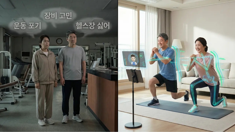 헬스장과 운동 장비에 대한 부담으로 운동을 포기했던 중장년 남녀가 AI 홈트 앱으로 집에서 PT 효과를 내며 활기차게 운동하는 Before/After 모습. AI 트레이닝과 홈트.