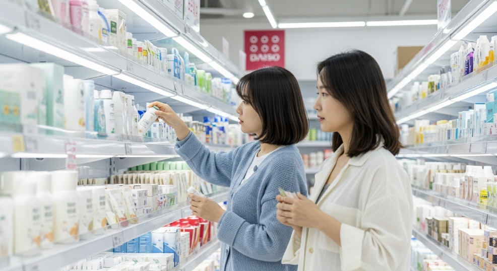 밝은 조명 아래 상품을 고르는 여성