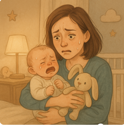 초조한 표정으로 힘들어하는 엄마가 울고 있는 아기를 꼭 안고 있는 따뜻한 일러스트