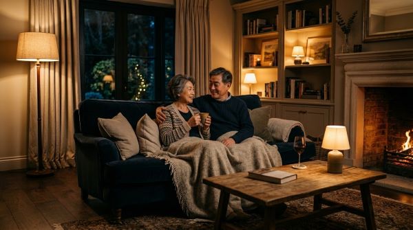 전구색 조명이 켜진 거실에서 대화하는 60대 부부