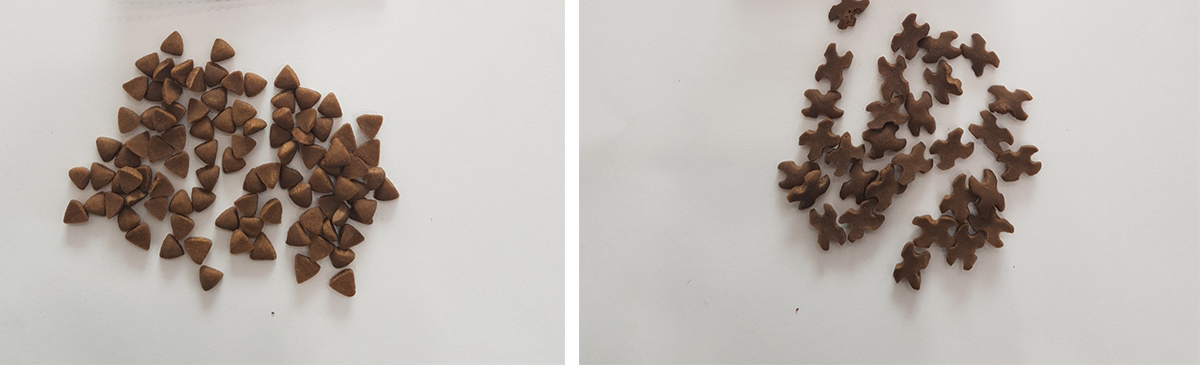 베노독 사료 알갱이 모습
관절과 피부는 작은알갱이 세모형
구강사료는 구강모습을 하고 있어요