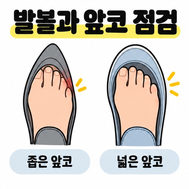 발볼과 앞코 점검 제목 아래 좁은 앞코와 넓은 앞코 신발 안의 발 공간을 비교한 그림