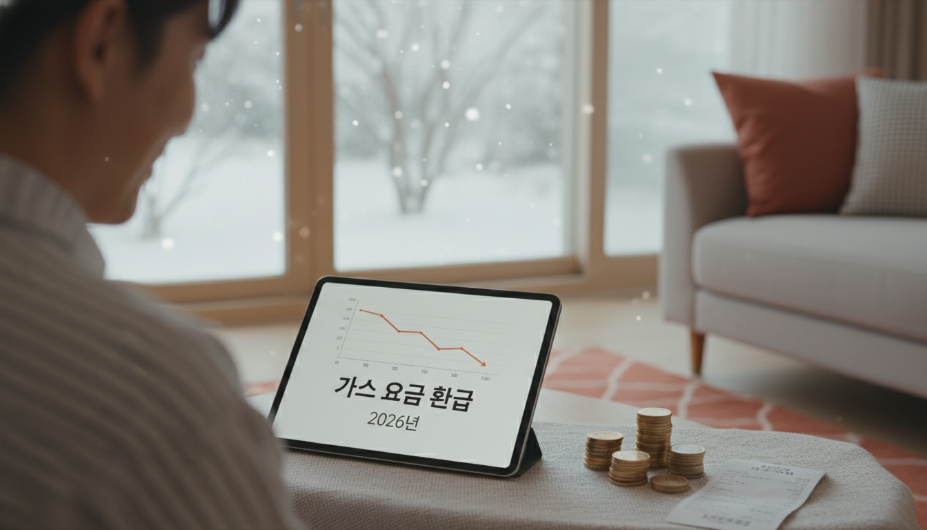 2026년 도시가스비 환급 정보를 태블릿으로 확인하며 미소 짓는 사람과 쌓인 동전, 도시가스 고지서. 따뜻하고 포근한 실내 분위기.