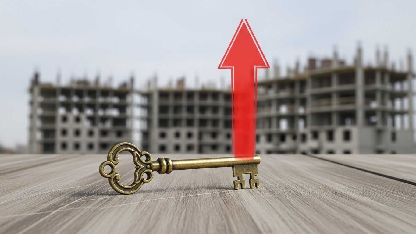 A lone key on a wooden table with a blurred background of empty apartment buildings under construction, a red arrow pointing up indicating rising prices