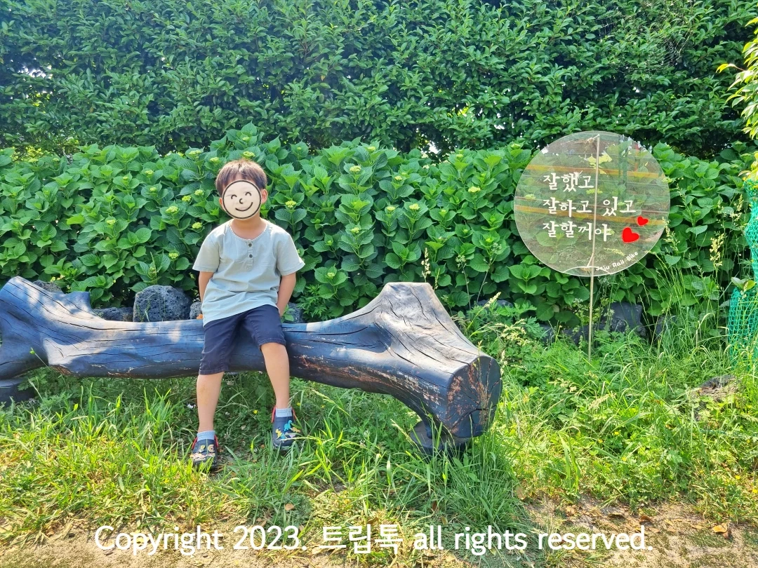 응원의 메시지가 담긴 포토존 옆에 나우에 걸터 앉은 아이