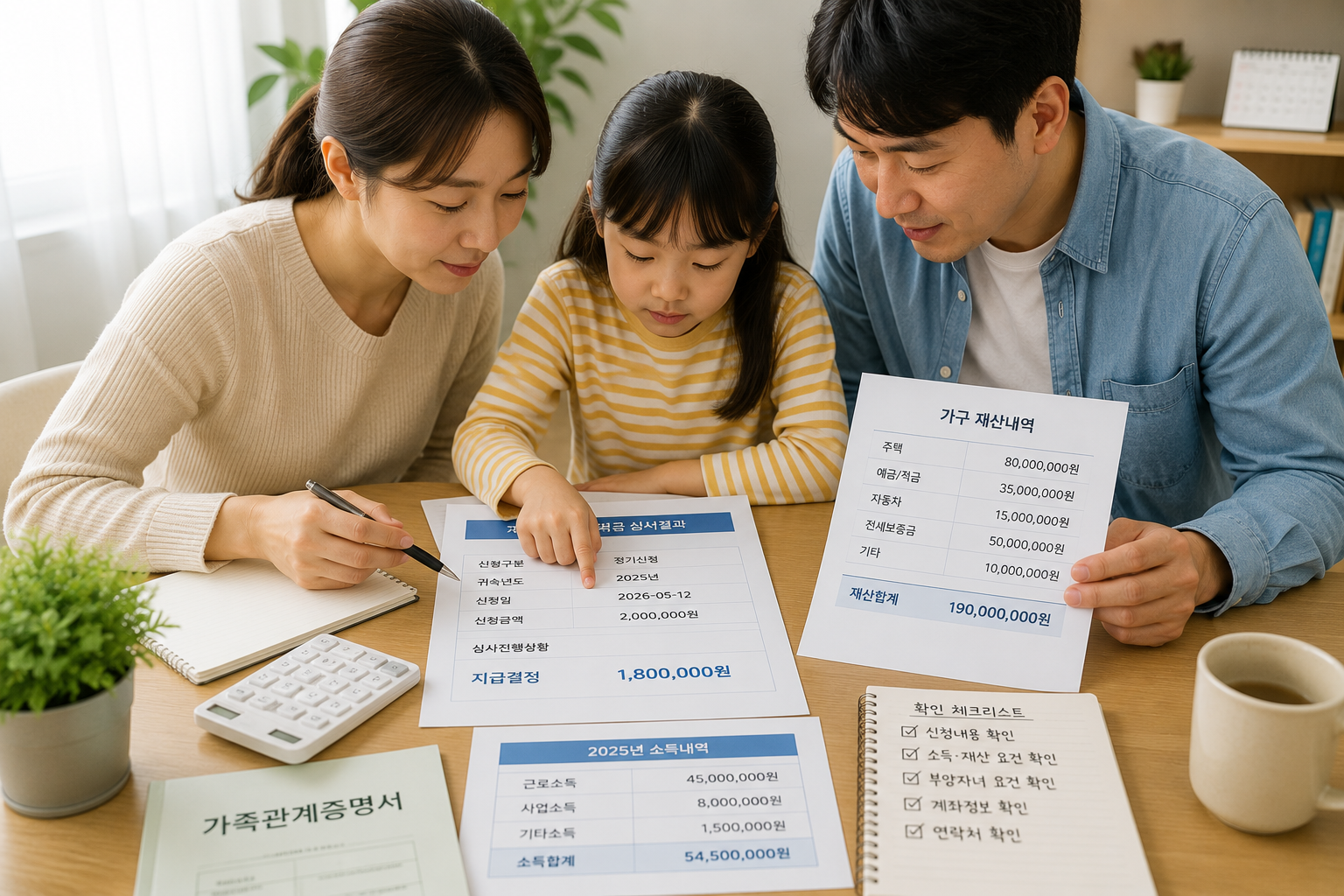 가족관계증명서·소득자료·재산내역을 식탁에서 비교하는 장면