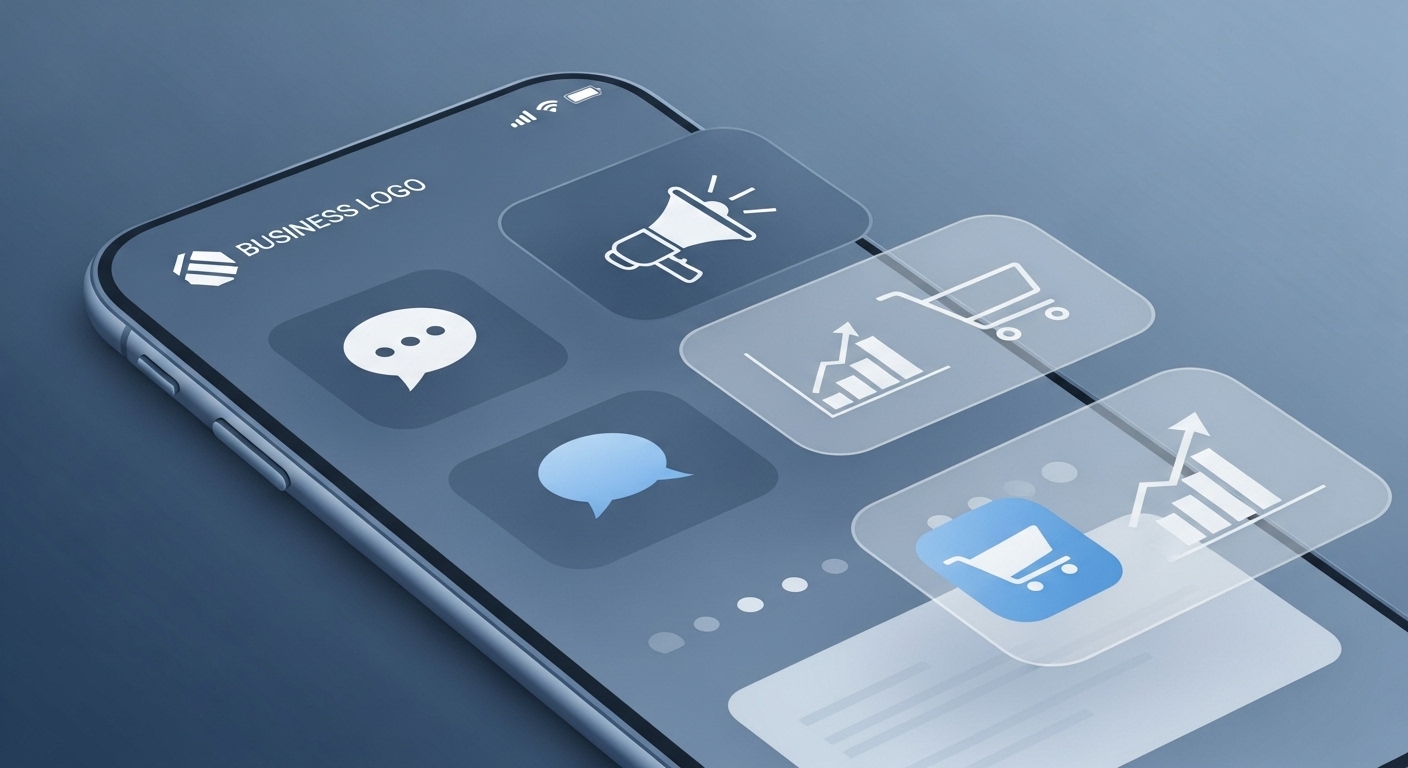 스마트폰 화면에 카카오톡 채널, 마케팅 도구 아이콘이 표시된 디지털 마케팅 이미지.