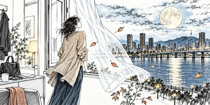 A woman pauses by an open window as an autumn breeze reveals the moonlit city
