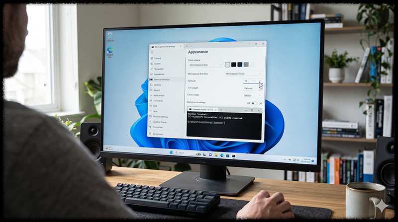 Windows Terminal의 명령 프롬프트 프로필에서 글꼴 크기와 색 구성표를 변경하는 모습