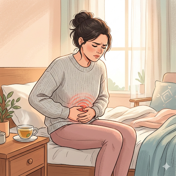 자궁용종으로 인한 통증을 느끼는 여자모습