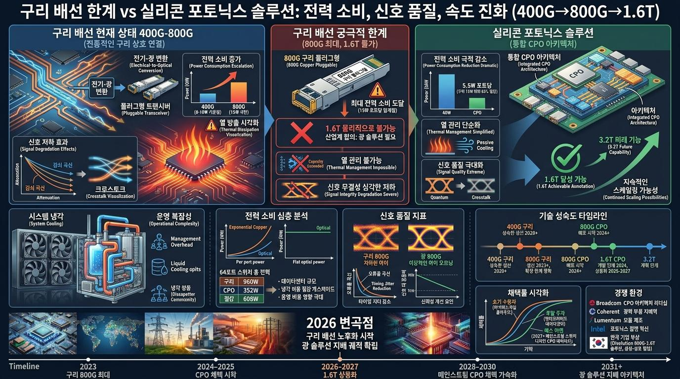 구리선 한계, 800G 전력 문제, CPO 해결책, 1.6T 불가능