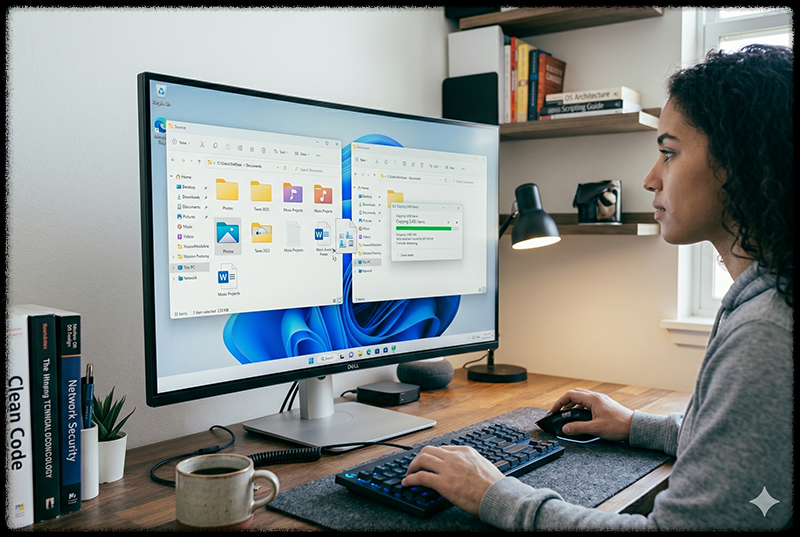 파일 탐색기에서 사용자 데이터를 다른 계정으로 복사하는 모습