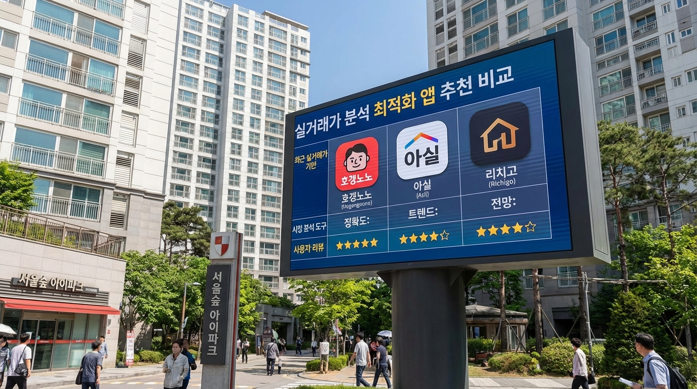 한국 아파트 단지를 배경으로 실거래가 분석에 최적화된 부동산 어플 추천 리스트를 비교하는 화면