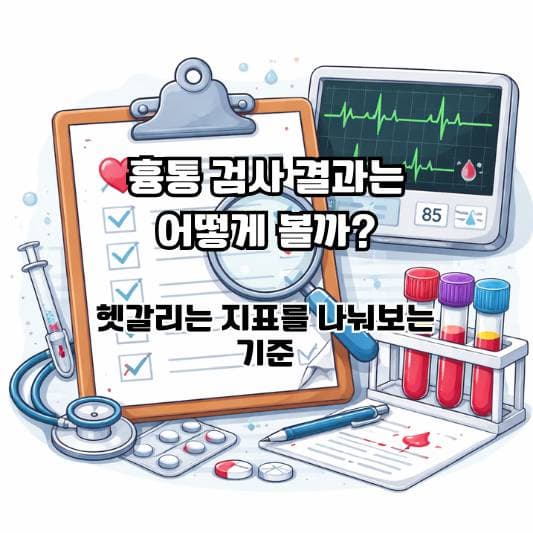 가슴 답답함과 검사 결과를 조심스럽게 확인하는 중년의 일상 장면