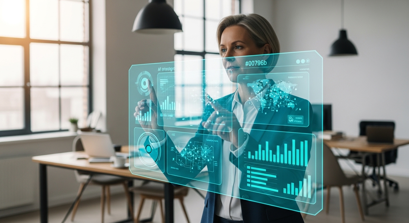 AI 인터페이스를 활용하여 능숙하게 업무를 처리하며 경험의 가치를 보여주는 50대 전문가의 모습.