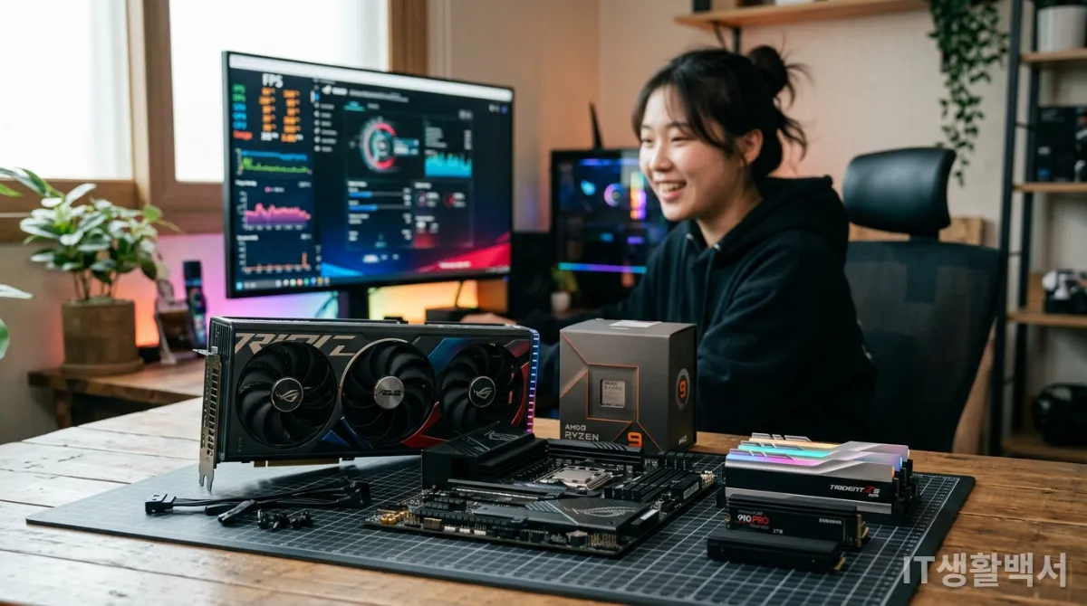 깔끔하게 정돈된 책상 위에 놓인 다양한 PC 부품들