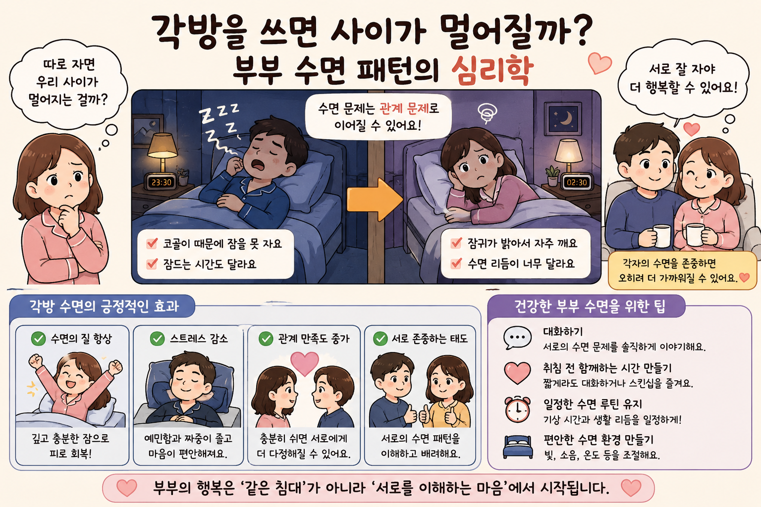 각방을 쓰면 사이가 멀어질까? 부부 수면 패턴의 심리학