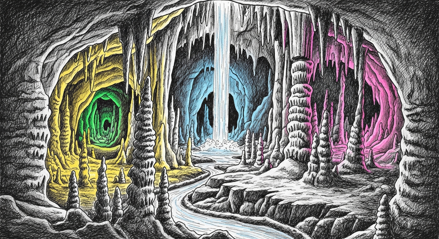 삼척 환선굴 내부의 웅장한 종유석과 화려한 조명