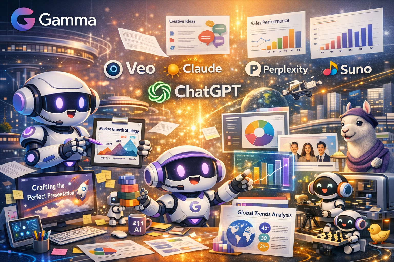 제미나이, 챗GPT, 베오, 브루, 감마, 수노 등 다양한 AI 서비스들이 서로 연결되어 사용자의 업무 효율을 높이고 여유로운 라이프스타일을 구현하는 모습을 형상화한 고퀄리티 블로그 커버 이미지.