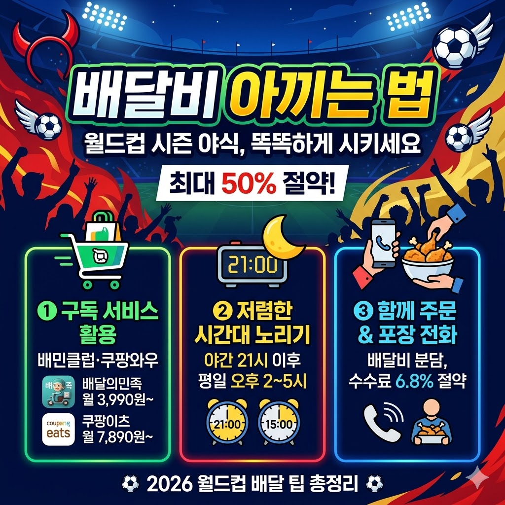 배달비 아끼는 법, 월드컵 시즌 야식 똑똑하게 시키세요"라는 타이틀이 적힌 2026 월드컵 배달 팁 총정리 썸네일 이미지. 축구 경기장을 배경으로 구독 서비스 활용(배민클럽, 쿠팡와우), 저렴한 시간대 노리기(야간 21시 이후), 함께 주문 및 포장 전화(수수료 6.8% 절약) 등 3가지 실전 절약 꿀팁이 인포그래픽 형태로 상세히 정리되어 있다