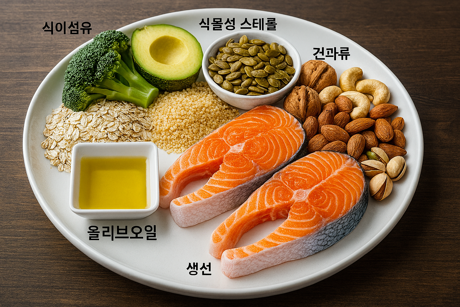 콜레스테롤 관리에 좋은 식품이 담긴 접시 이미지
