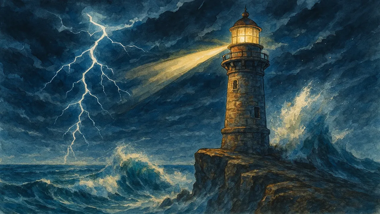 폭풍우가 몰아치는 바다 위에서도 등대가 고요하고 밝은 빛을 내뿜고 있는 이미지