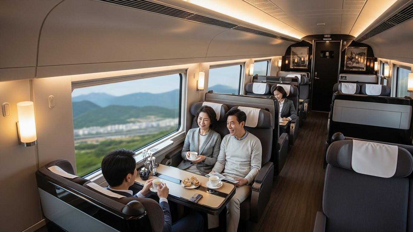 해랑열차의 고급스러운 객실에서 편안하게 여행을 즐기는 승객들의 모습.