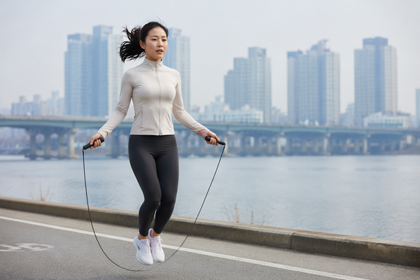 강변 도로에서 줄넘기를 하고 있는 여성의 모습