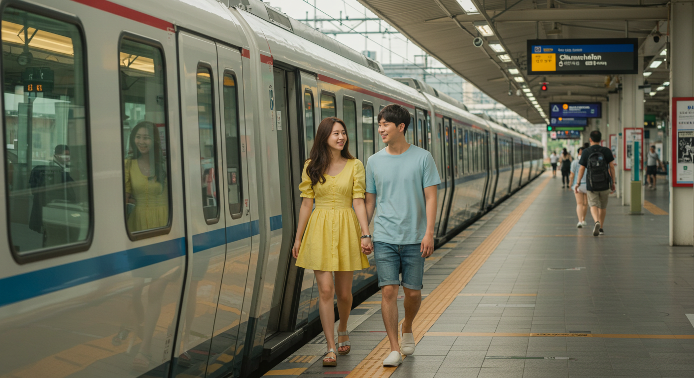 ITX 청춘열차가 춘천역에 도착하고 한국인 연인들이 내리는 모습