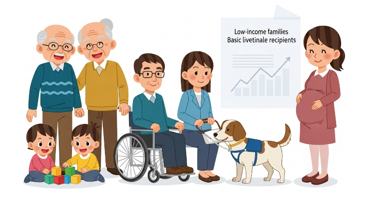 노인, 영유아, 장애인, 임산부 등 다양한 사회 취약계층이 에너지 바우처 지원 대상임을 상징하는 이미지.