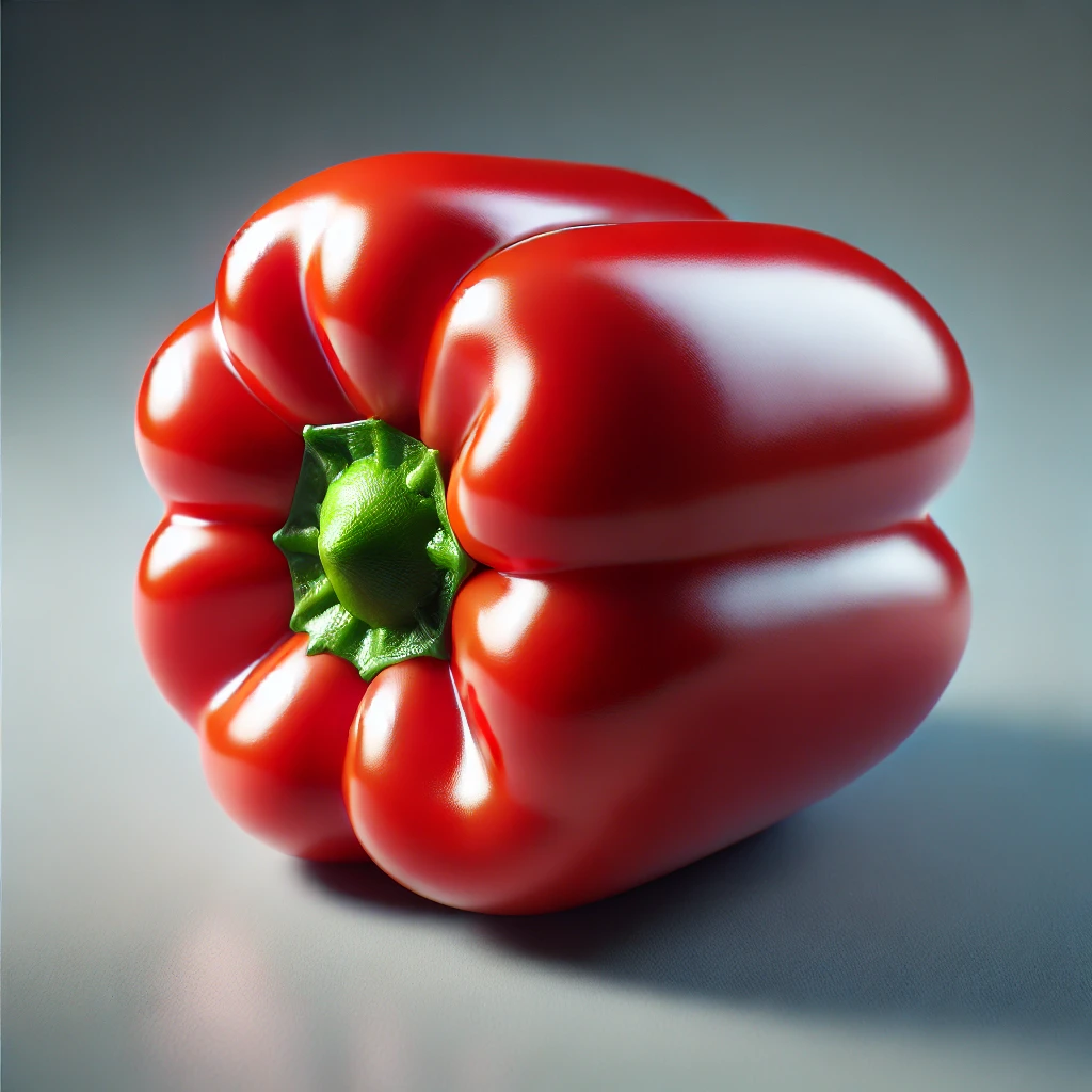 빨간 피망의 매끈하고 반짝이는 표면을 강조한 고해상도 클로즈업 이미지.