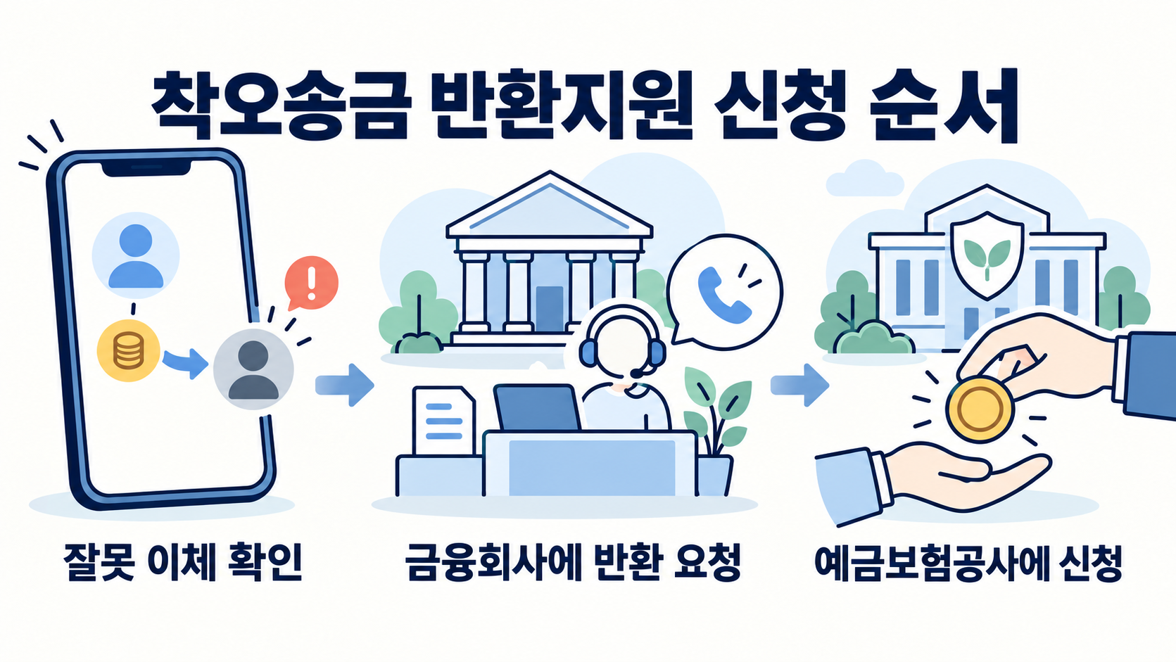 잘못 이체한 사실을 확인하고 금융회사에 반환을 요청한 뒤 예금보험공사에 신청하는 순서를 나타낸 이미지