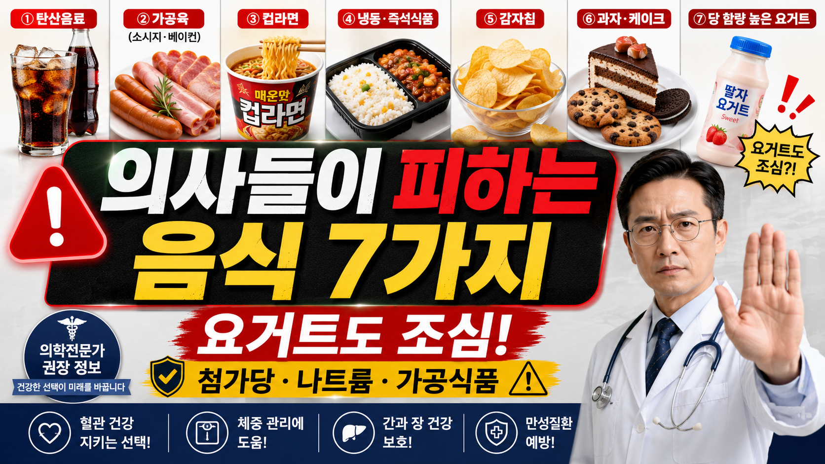 의사들이 피한다고 알려진 탄산음료, 가공육, 컵라면, 과자, 디저트, 달콤한 요거트 등 7가지 음식과 건강상 주의 이유를 정리한 이미지