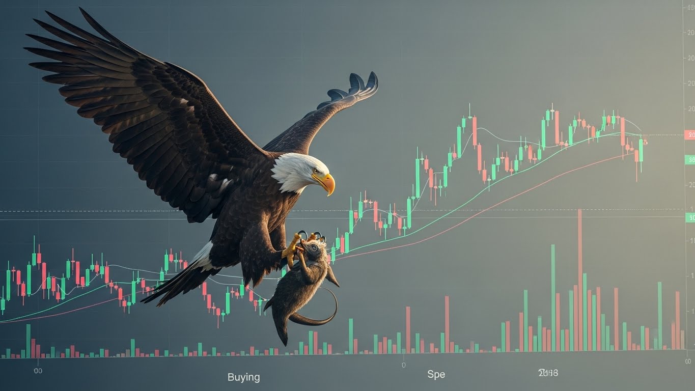 Image symbolizing an eagle snatching prey (buying timing) on a stock chart. Accurate and sharp feeling.