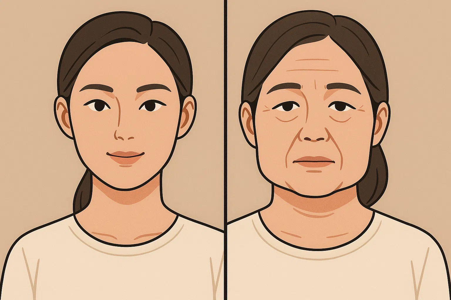 한쪽은 젊을 때의 탄탄한 얼굴, 다른 쪽은 나이가 들며 피부가 아래로 처지고 볼살이 퍼진 얼굴. 얼굴 윤곽이 계란형에서 사각형으로 바뀌는 과정