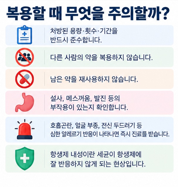 처방 용량과 기간 준수 약 나눠먹기 금지 남은 항생제 재사용 금지 부작용과 알레르기 항생제 내성을 정리한 복용 주의 인포그래픽