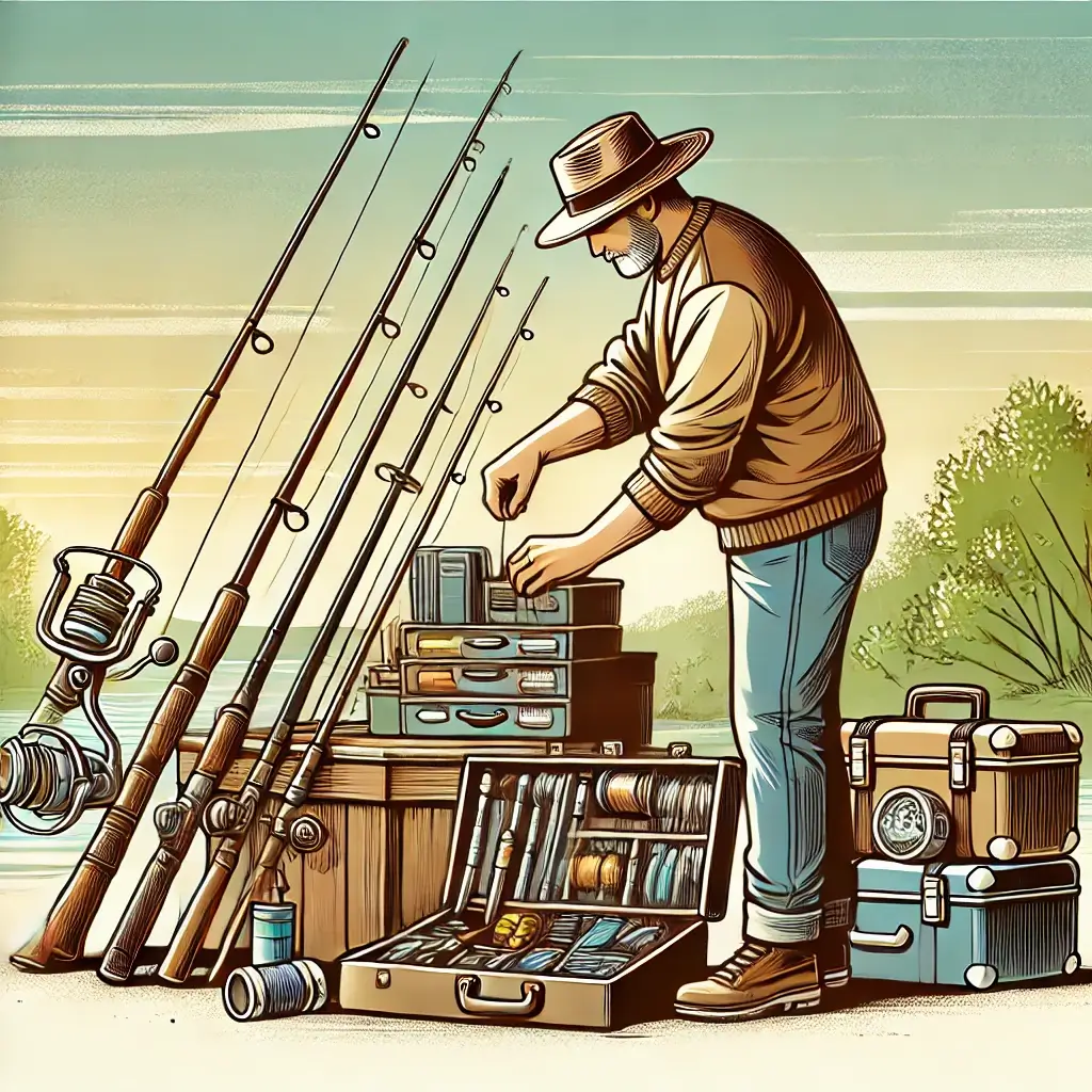 낚시 준비물을 정리하는 남자가 장비를 점검하는 모습.