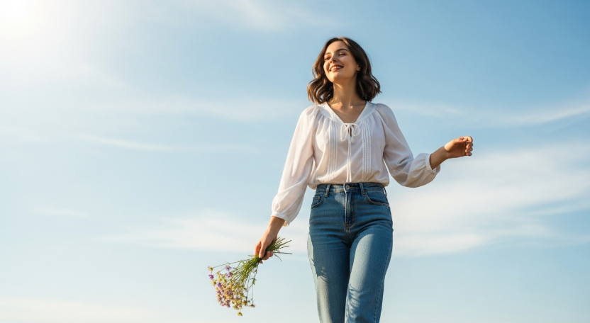 A young woman in casual white blouse and denim jeans, walking happily under a bright blue sky with gentle sunlight, holding a small bouquet of wildflowers, fresh and natural vibe