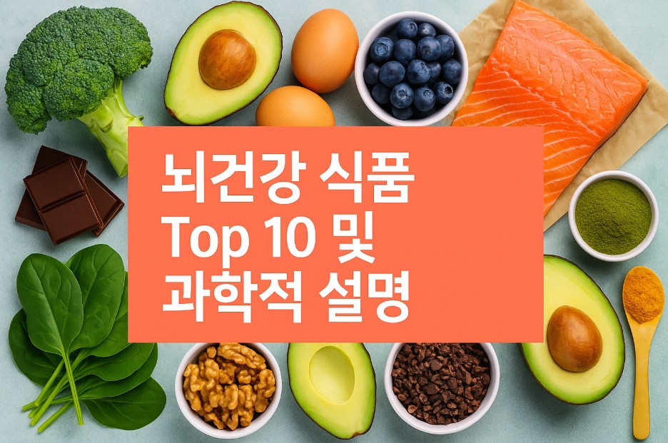 이미지는 뇌 건강에 좋은 10가지 식품(블루베리, 연어, 호두, 브로콜리, 녹차, 아보카도, 계란, 강황, 다크 초콜릿, 시금치)을 밝고 선명한 색감으로 배치했다. 중앙에는 "뇌건강 식품 Top 10 및 과학적 설명"이라는 문구가 강조되어 있어 시각적 중심을 잡아준다. 각 식품은 뇌 기능 향상과 관련된 대표적인 영양소와 효능을 상징하는 아이콘과 함께 정돈되어 있다.