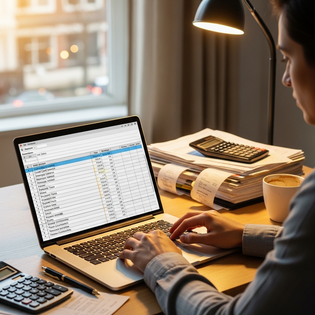 책상에 앉아 연간 재정 계획을 세우는 사람, 신용카드, 주택, 교육비, 연금 등 다양한 연말정산 공제 항목들을 고려하는 모습