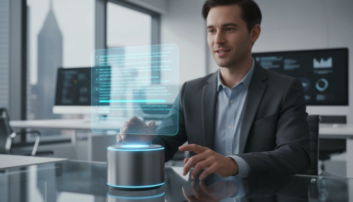 AI 음성 비서가 회의 내용을 실시간으로 기록하고 요약하는 모습